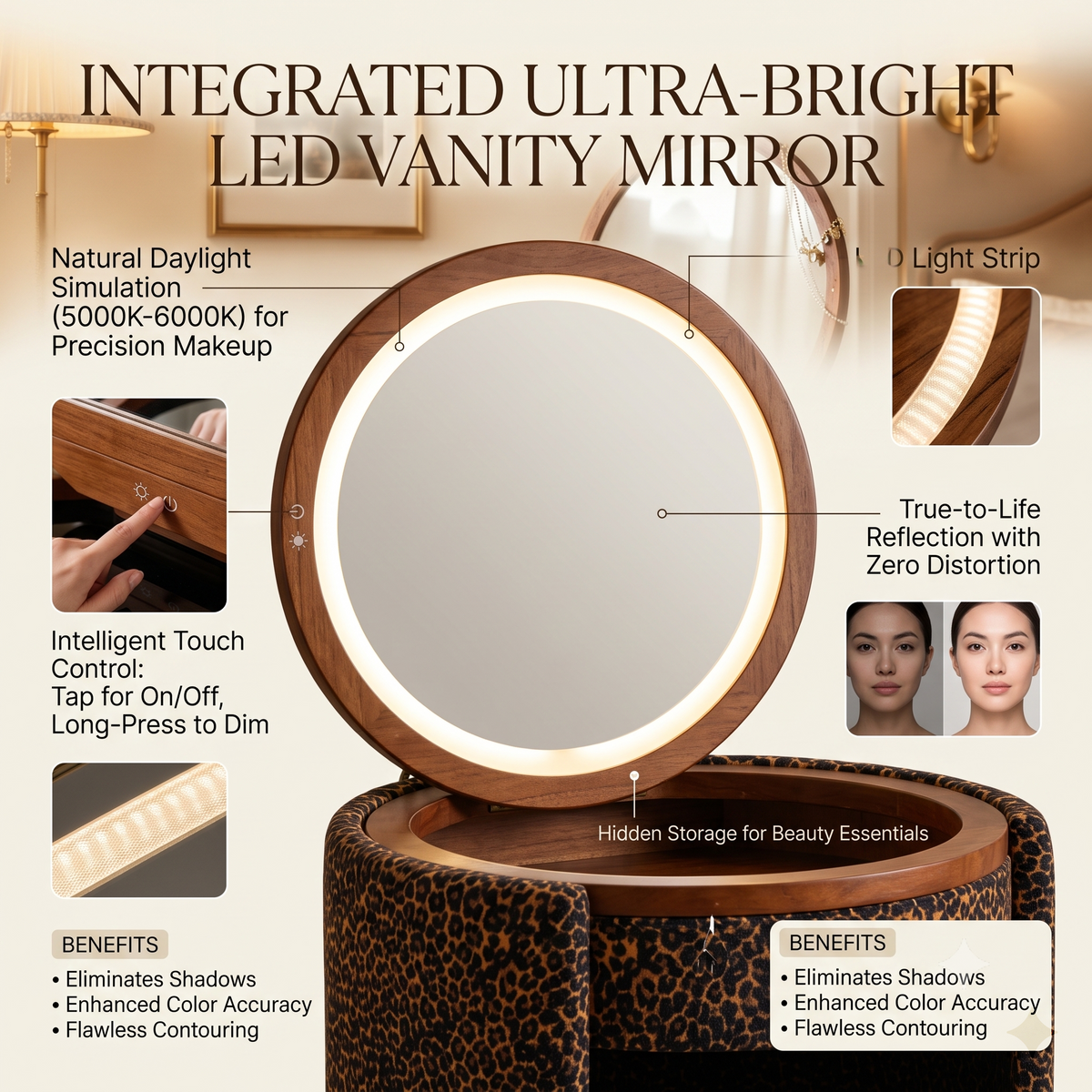 Compact Vanity Set with LED Mirror & Matching Stool