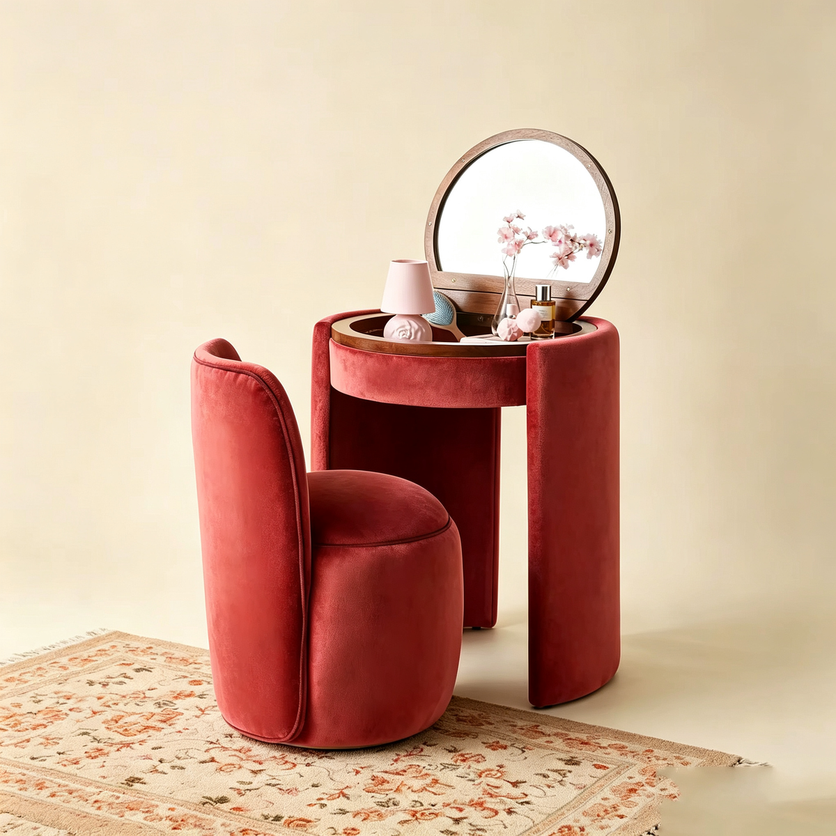 Compact Vanity Set with LED Mirror & Matching Stool