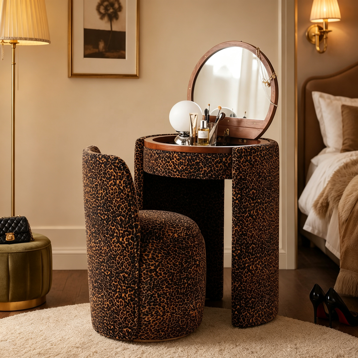 Compact Vanity Set with LED Mirror & Matching Stool