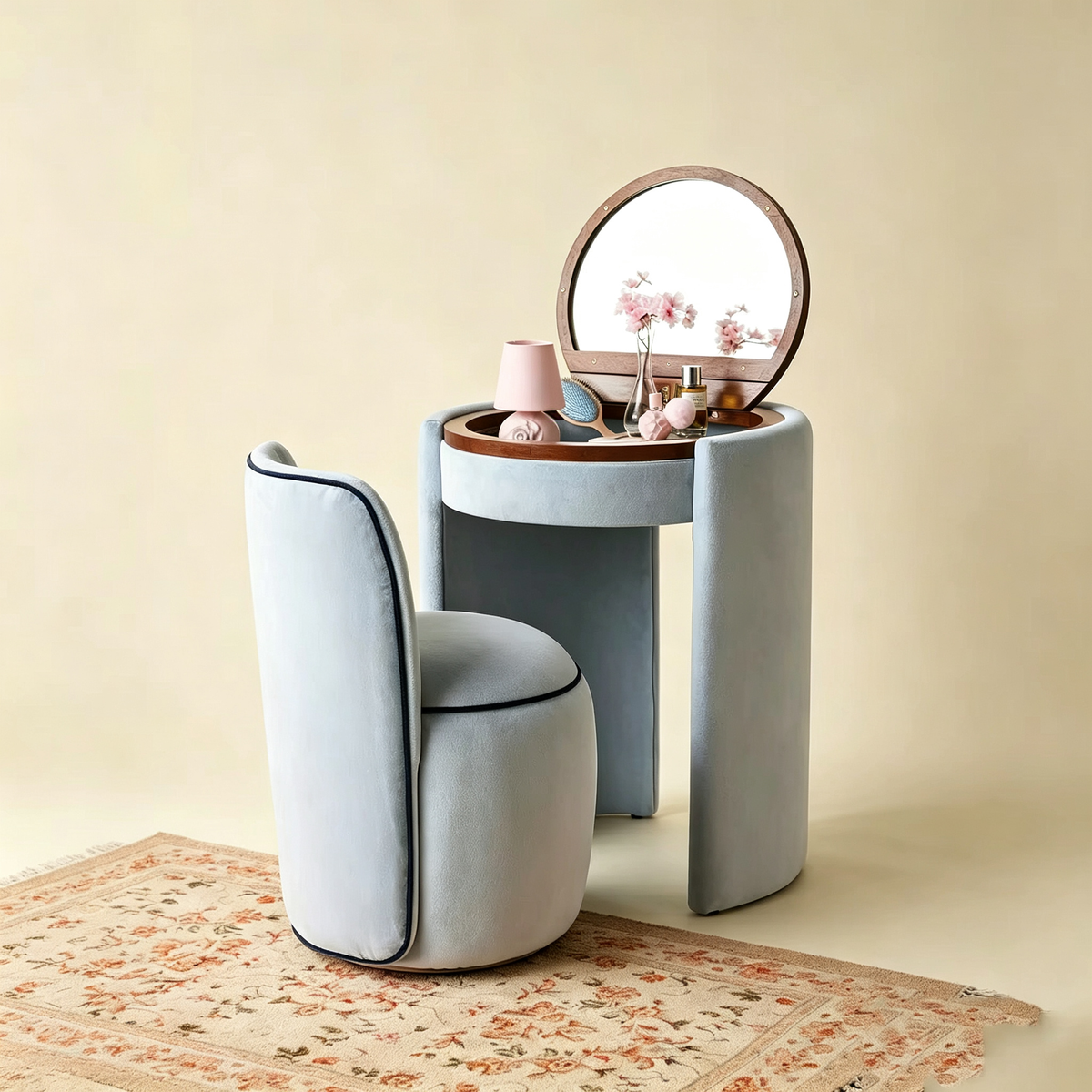 Compact Vanity Set with LED Mirror & Matching Stool