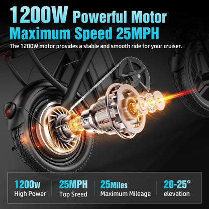 BIKE | Peak 1200W | 25MPH | 14" Pneumatic Tires | 22-40 Mile Range l Rear Disc Brake l Foldable l Two Seats
