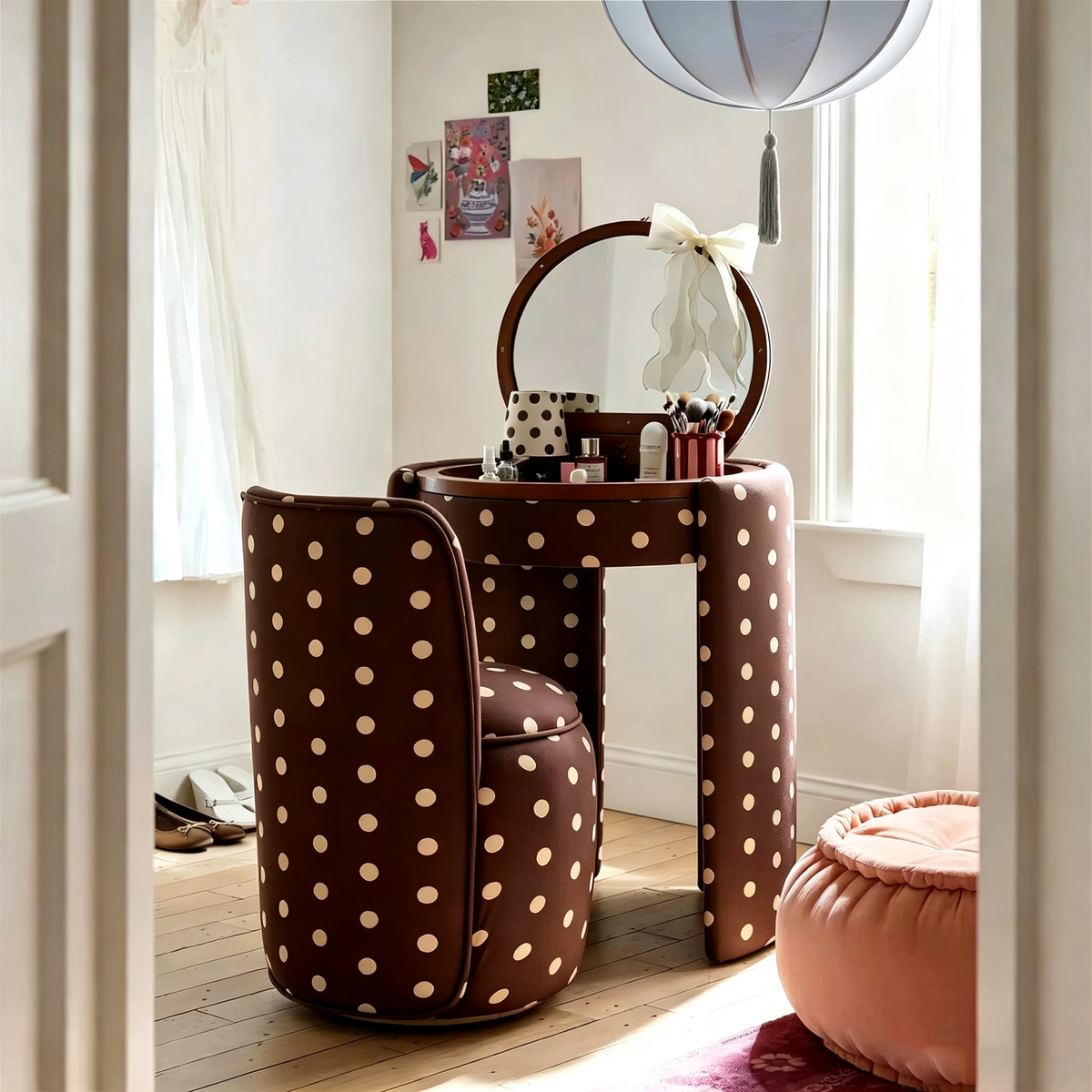 Compact Vanity Set with LED Mirror & Matching Stool
